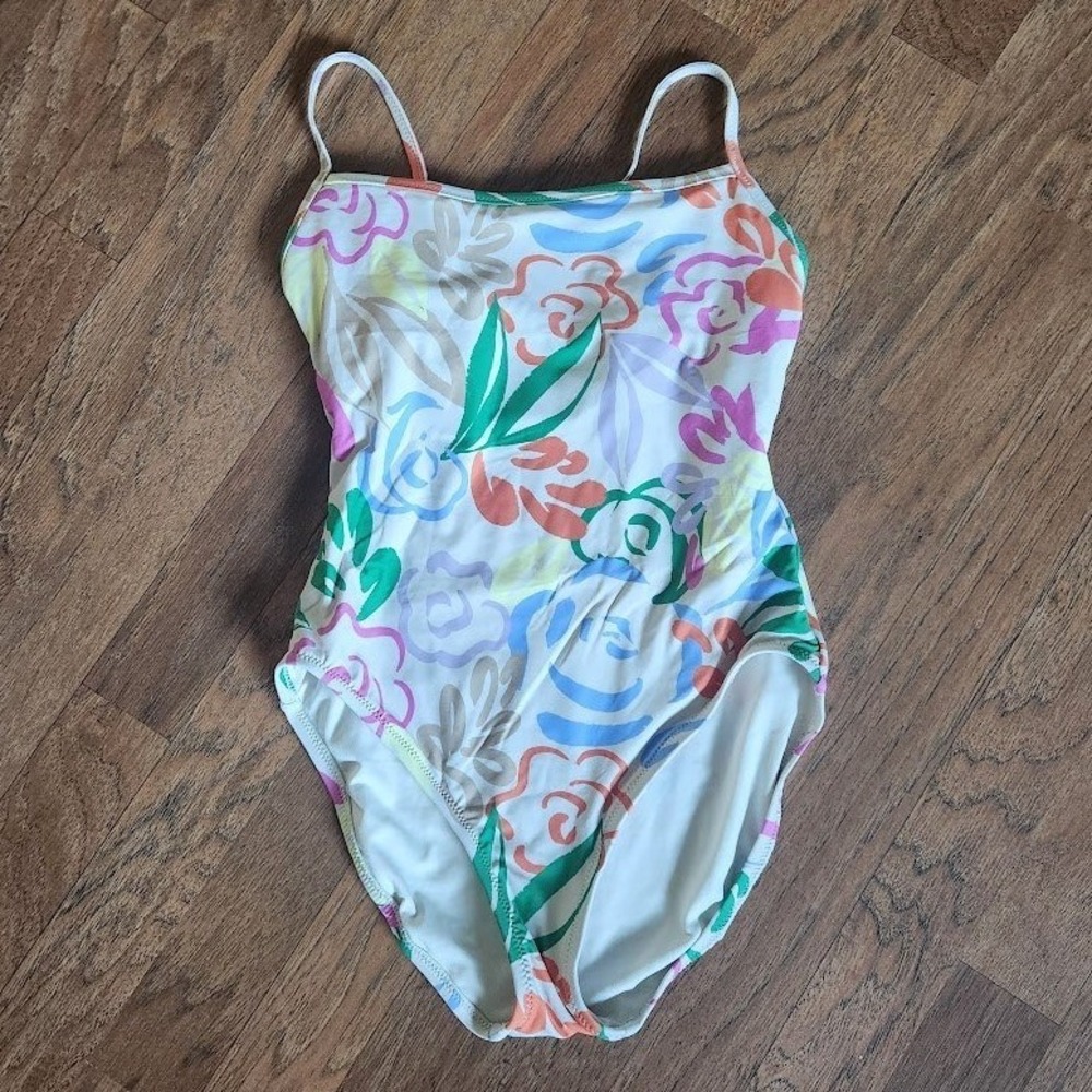 Gap Womens Small Floral Sketch One Piece Swimsuit Cream Adj. Straps 323